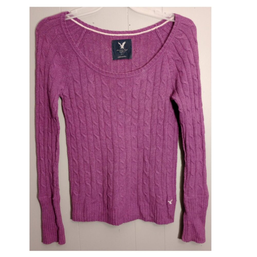 Y2K American Eagle Purple Cable Knit Long Sleeve Logo Shirt Large
